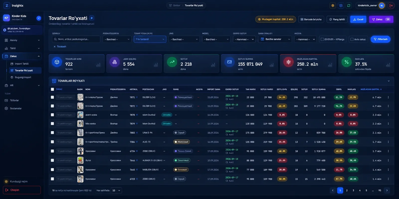 Insightx tovarlar ro'yxati — tungi ko'rinish