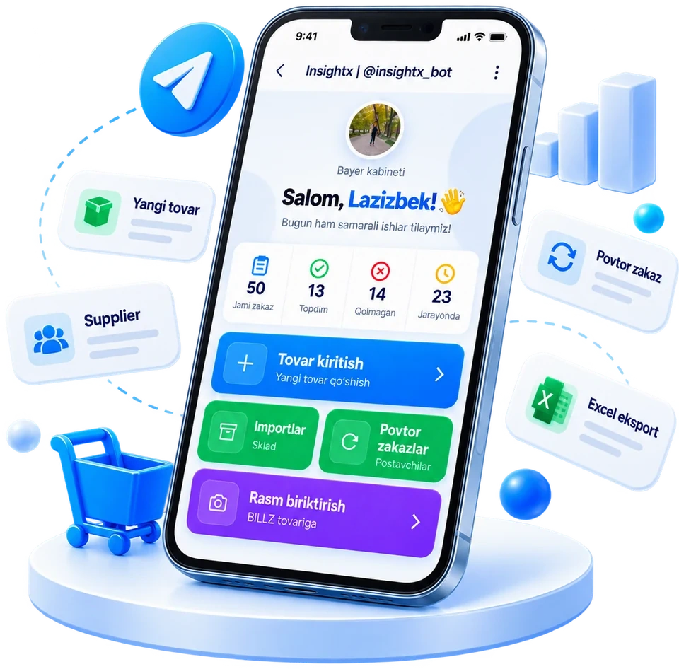 @insightxuz_bot Telegram Web App: tovar kiritish, importlar, povtor zakazlar va rasm biriktirish
